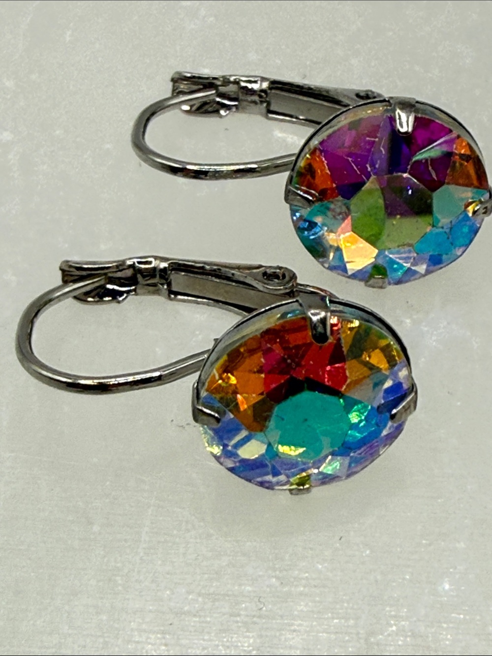 Large Aurora Borealis stud Drop leverback Earrings - Iridescent Multicolor